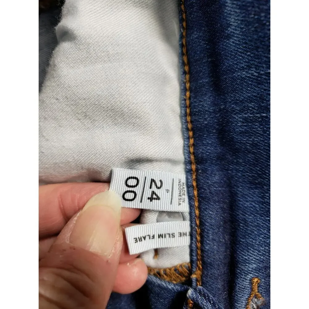 Loft Jeans Size 00 Petite Women Blue Pants Stretch Fray Hem Mid Rise Slim flared
